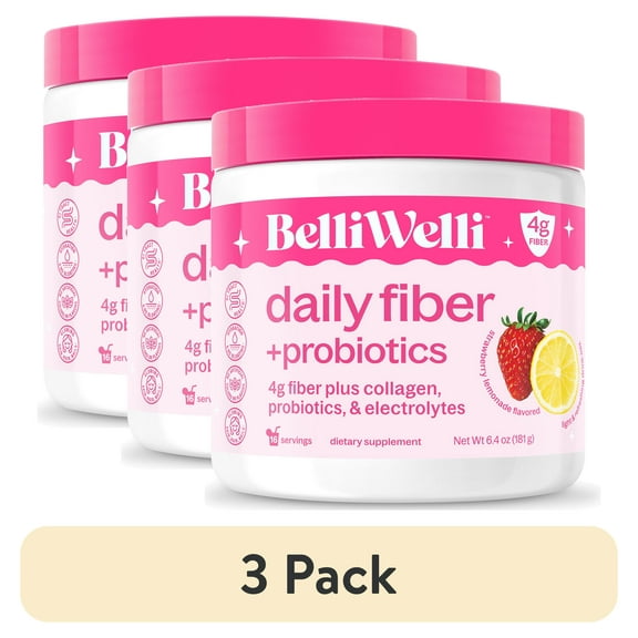 (3 pack) BelliWelli Daily Fiber Supplement with Probiotics, Electrolytes, and Collagen - Strawberry Lemonade, 6.4 oz