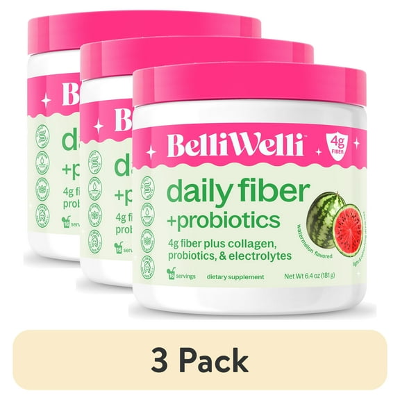 (3 pack) BelliWelli Daily Fiber Supplement with Probiotics, Electrolytes, and Collagen - Watermelon, 6.4 oz