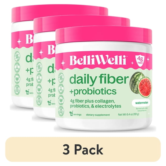(3 pack) BelliWelli 4-in-1 Daily Fiber Supplement, Probiotics, Collagen & Electrolytes, Watermelon