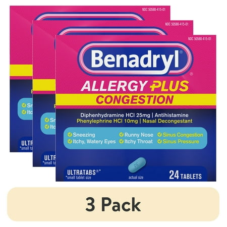 (3 pack) Benadryl Allergy Plus Congestion Ultratabs Allergy Medicine, 24 Count