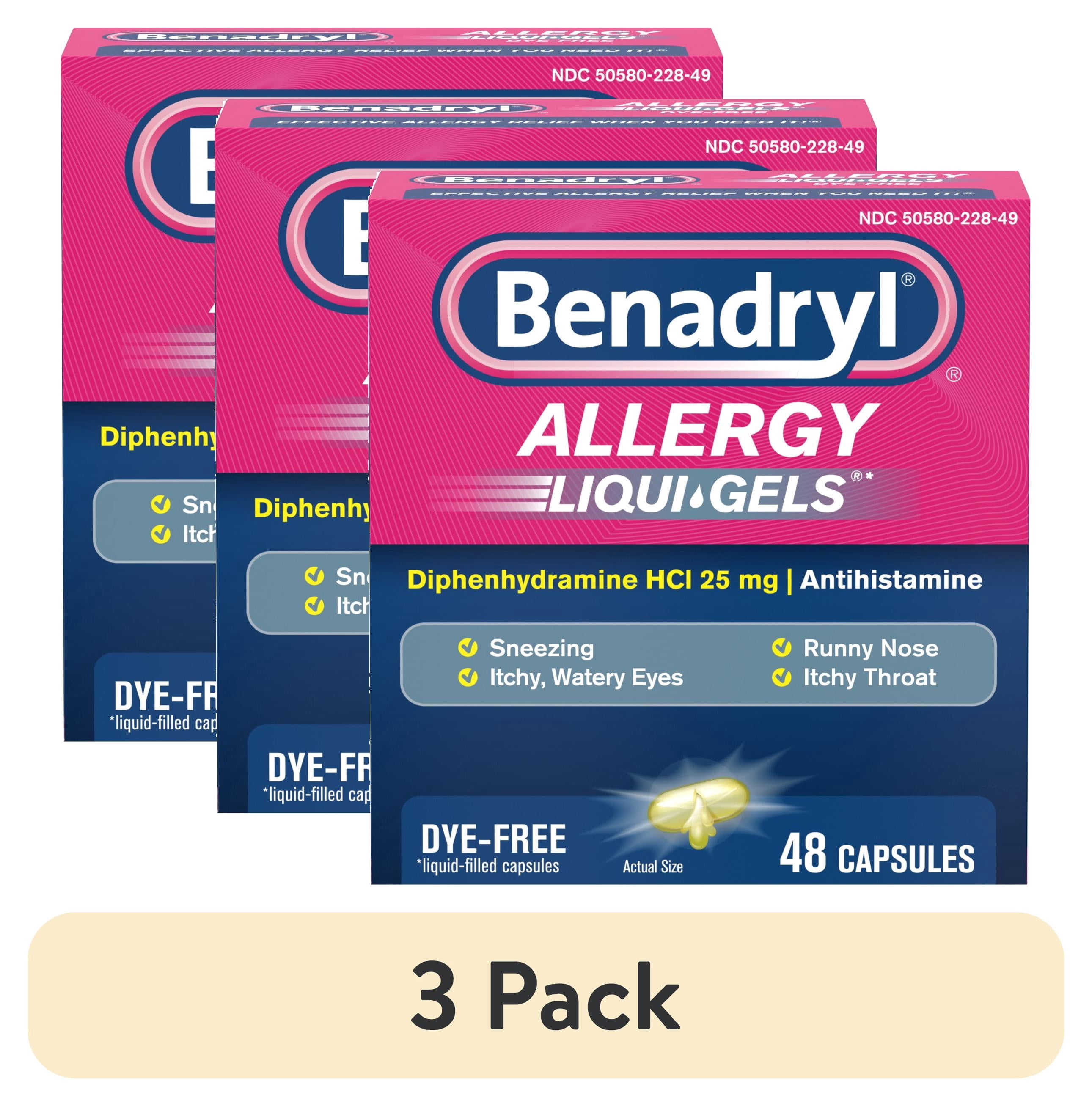 (3 pack) Benadryl Liqui-Gels Antihistamine Allergy Medicine, Dye Free, 48 Count
