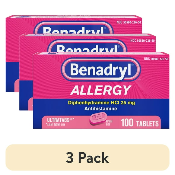 (3 pack) Benadryl Ultratabs Antihistamine Cold & Allergy Relief Tablets, 100 Count