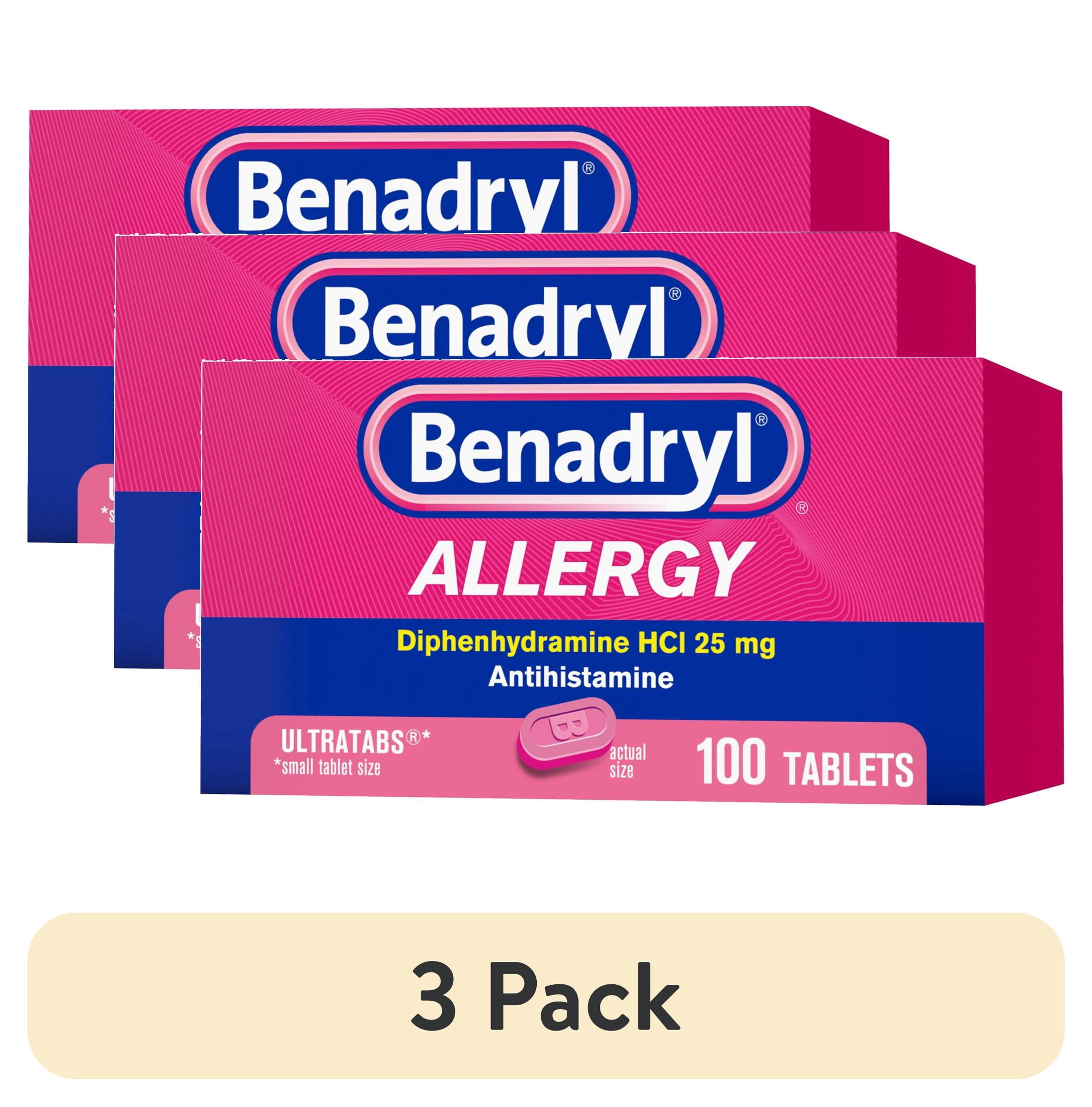 (3 pack) Benadryl Allergy Medicine for Adults, Ultratablets, 25 mg Diphenhydramine HCl, 100 Count Size