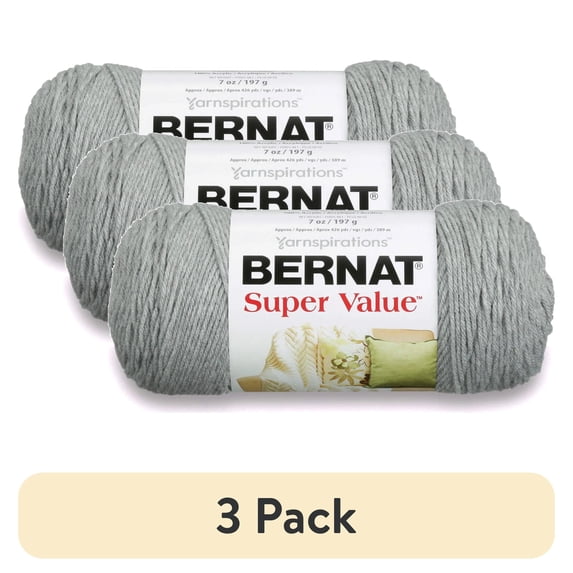(3 pack) Bernat Super Value, 4 Worsted (Medium) Acrylic Yarn, Soft Grey 7oz/197g 440 Yards
