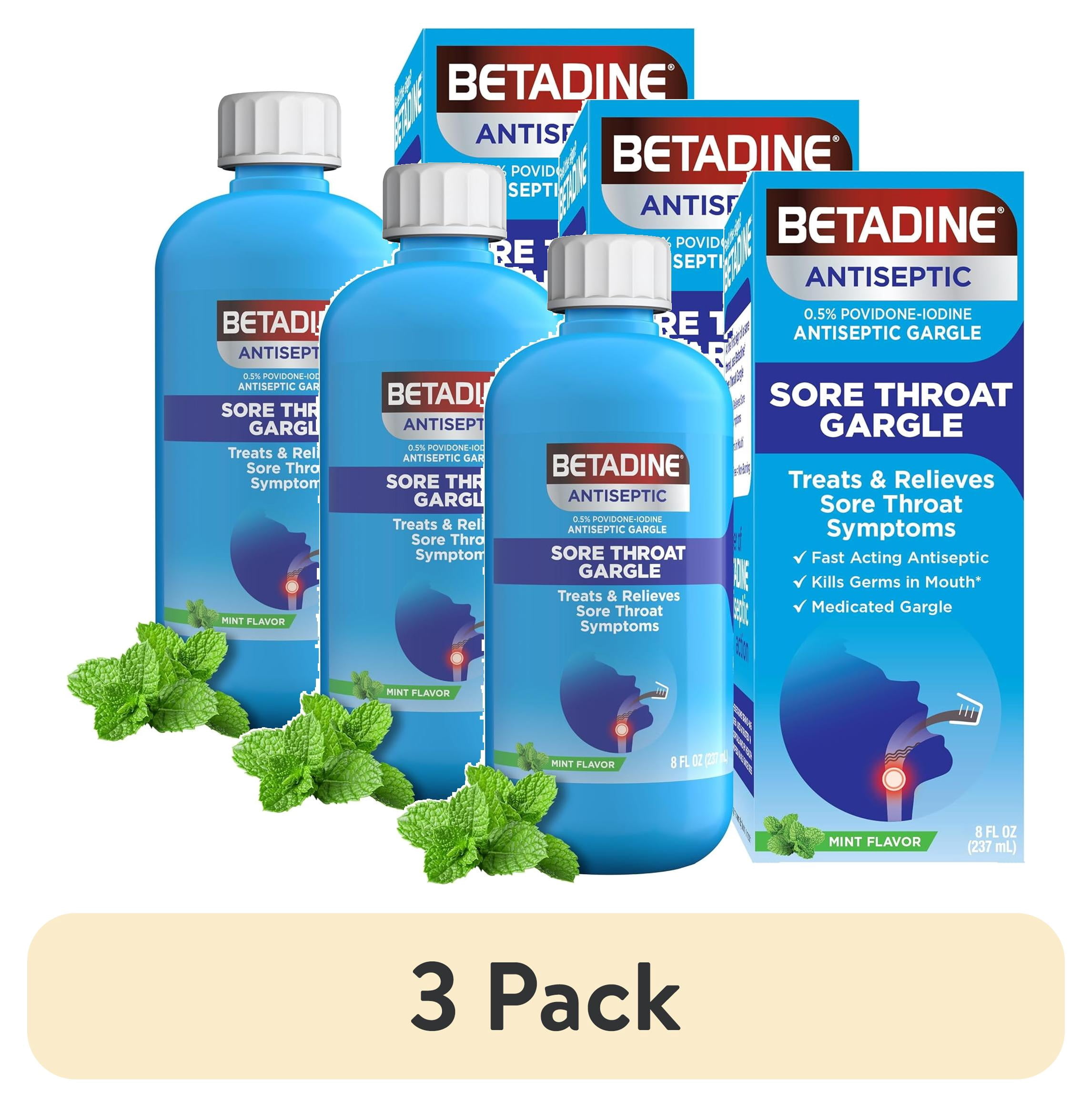 (3 pack) Betadine Antiseptic Medicated Sore Throat Relief Gargle With Povidone-Iodine, Mint, 8 fl oz