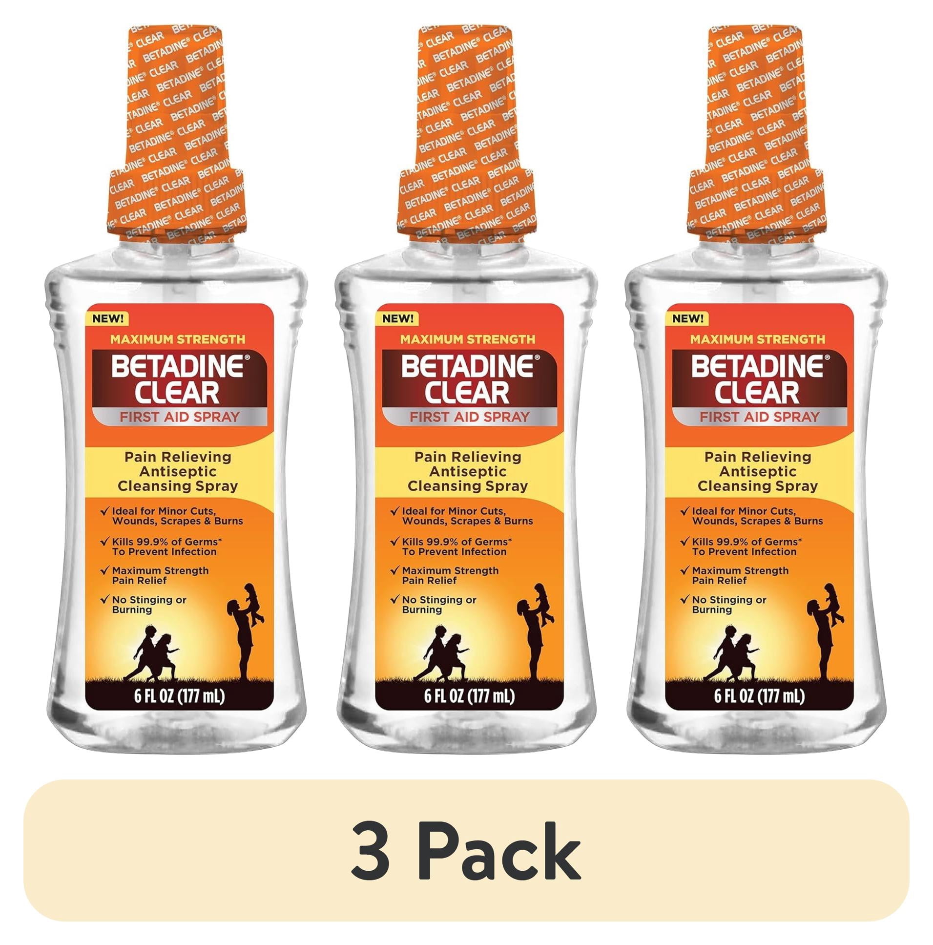 (3 pack) Betadine Clear First Aid Spray, Antiseptic Cleansing Spray, 6 oz, No Stinging, Pain Relieving Strength