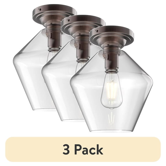(3 pack) Better Homes & Gardens 9" Farmhouse Bronze Flush Mount Ceiling Light, Metal Base Clear Glass Shade