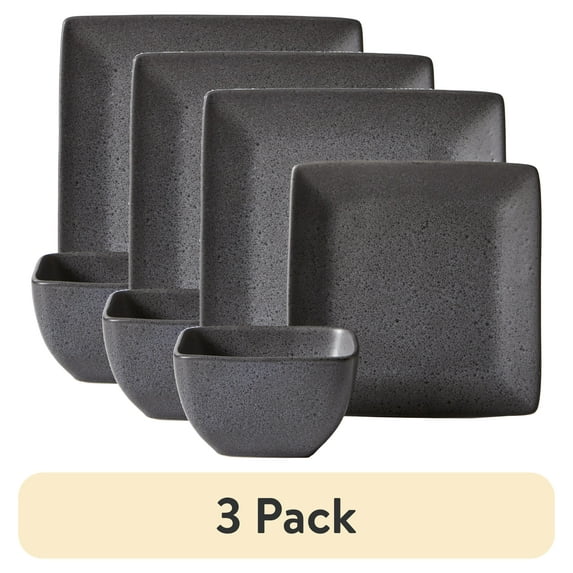 (3 pack) Better Homes & Gardens Anderson Grey Square-Shaped Stoneware 12-Piece Dinnerware Set