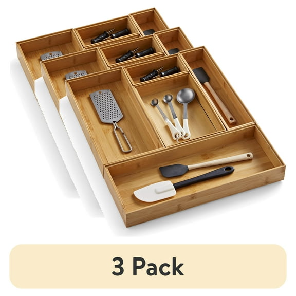 (3 pack) Better Homes & Gardens Bamboo Drawer Organizer 5pc Set, 17.9Wx 14.96Dx1.97H in, Natural Bamboo Color