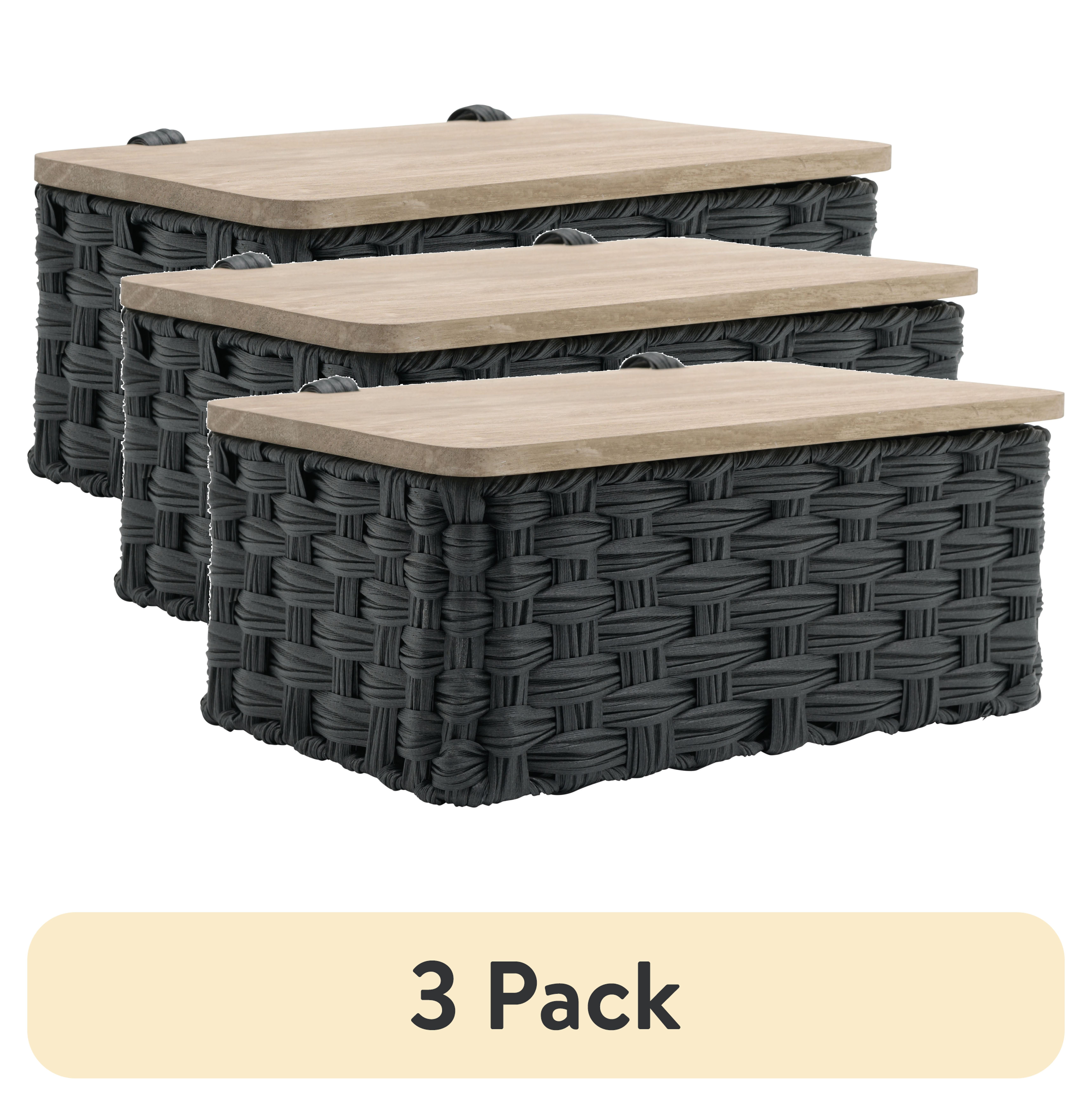 (3 pack) Better Homes & Gardens Black Resin Basket with Woven Design and Natural Wood Lid