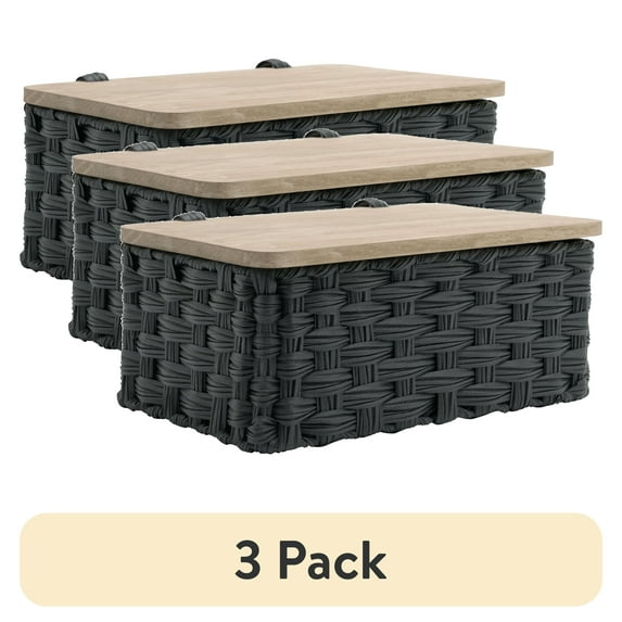 (3 pack) Better Homes & Gardens Black Resin Basket with Woven Design and Natural Wood Lid