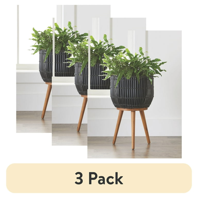 (3 pack) Better Homes & Gardens Black Round Resin Planter & Stand Set with  Wood Legs