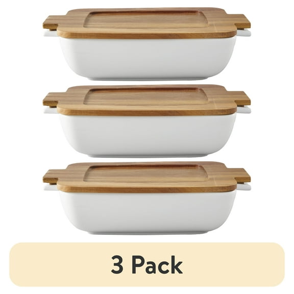(3 pack) Better Homes & Gardens Ceramic Oven to Table Serveware Dish with Acacia Lid, 13.39 x 9.06 x 3.39 in