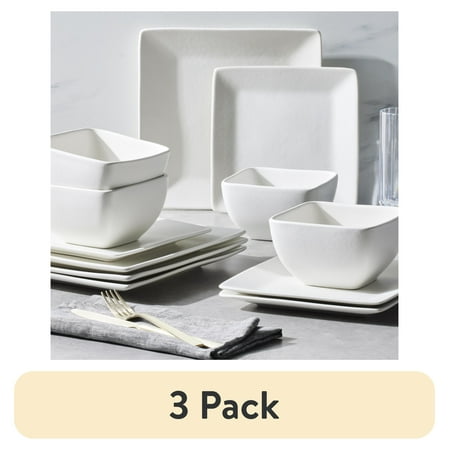 (3 pack) Better Homes & Gardens-Cream Square Stoneware 12-Piece Dinnerware Set