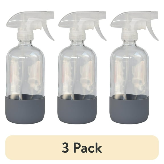 (3 pack) Better Homes & Gardens Clear Reuseable Glass Spray Bottle with Rubber Bottom, 16 oz.