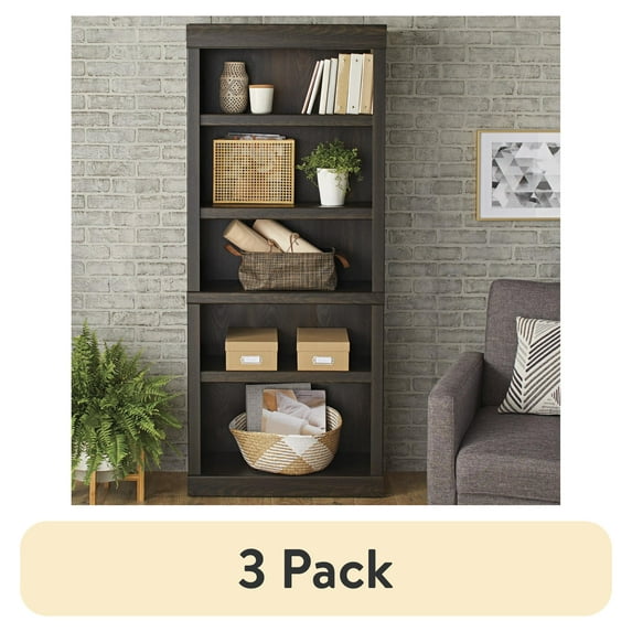 (3 pack) Better Homes & Gardens Glendale 5-Shelf Bookcase, Dark Oak