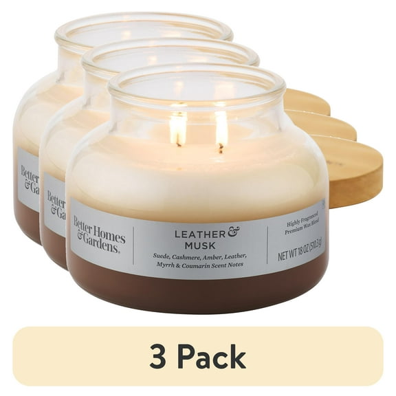 (3 pack) Better Homes & Gardens Leather and Musk Scented 2-Wick 18oz Ombre Bell Jar Candle