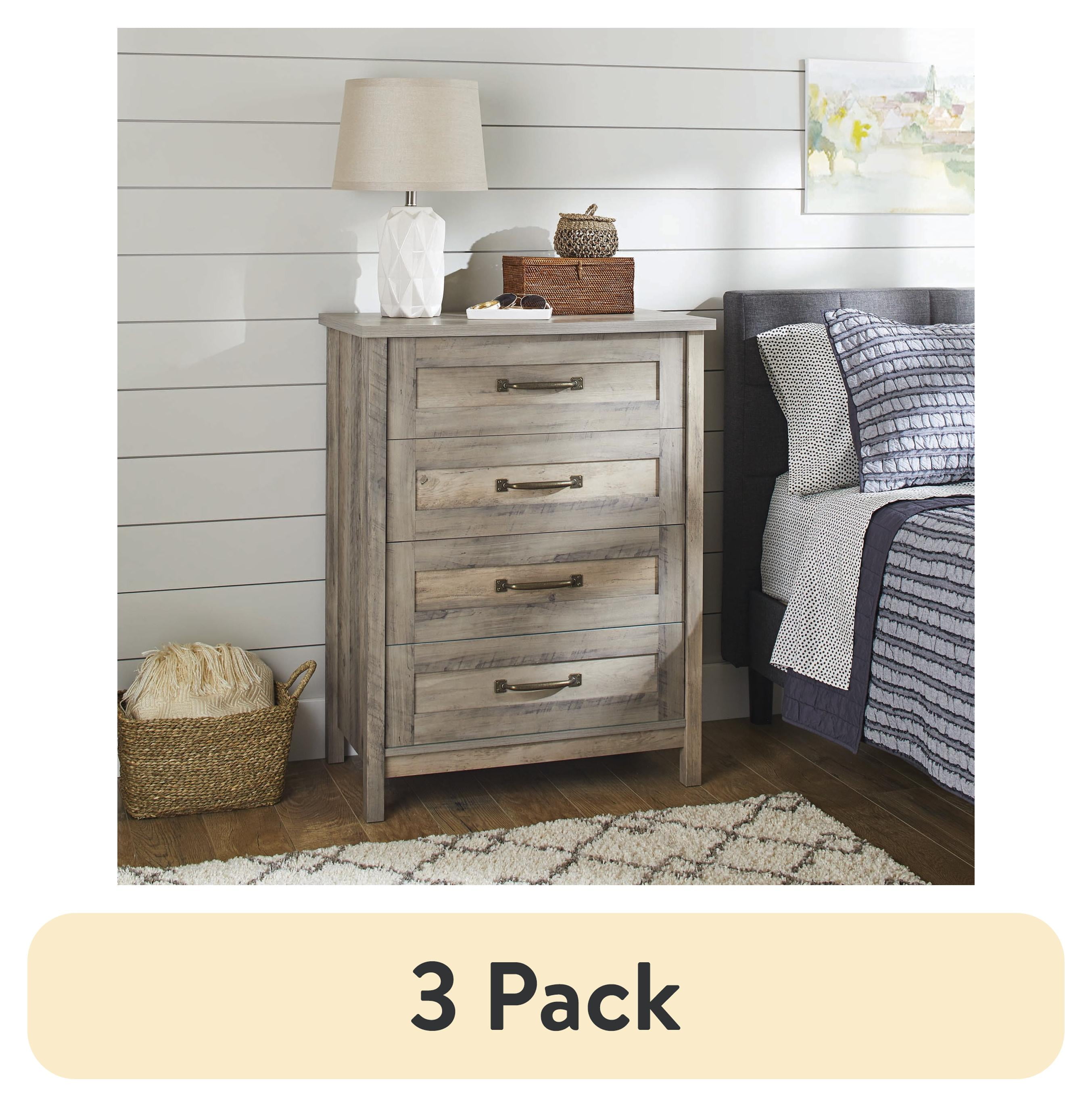 (3 pack) Better Homes & Gardens Modern Farmhouse 4-Drawer Dresser, Rustic Gray Finish