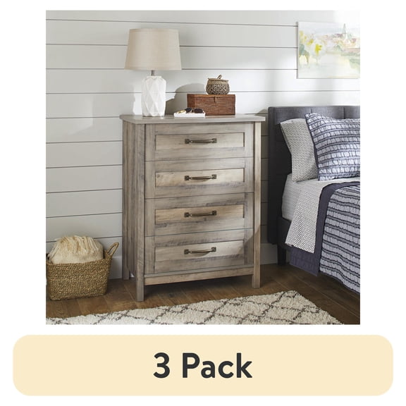 (3 pack) Better Homes & Gardens Modern Farmhouse 4-Drawer Dresser, Rustic Gray Finish