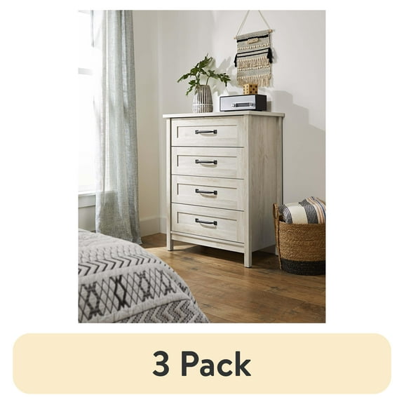 (3 pack) Better Homes & Gardens Modern Farmhouse 4-Drawer Dresser, Rustic White Finish
