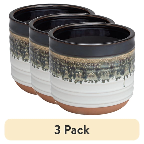 (3 pack) Better Homes & Gardens Nikolaos Round Ceramic Plant Planter, Black, 8 in x 8 in x 6.7 in