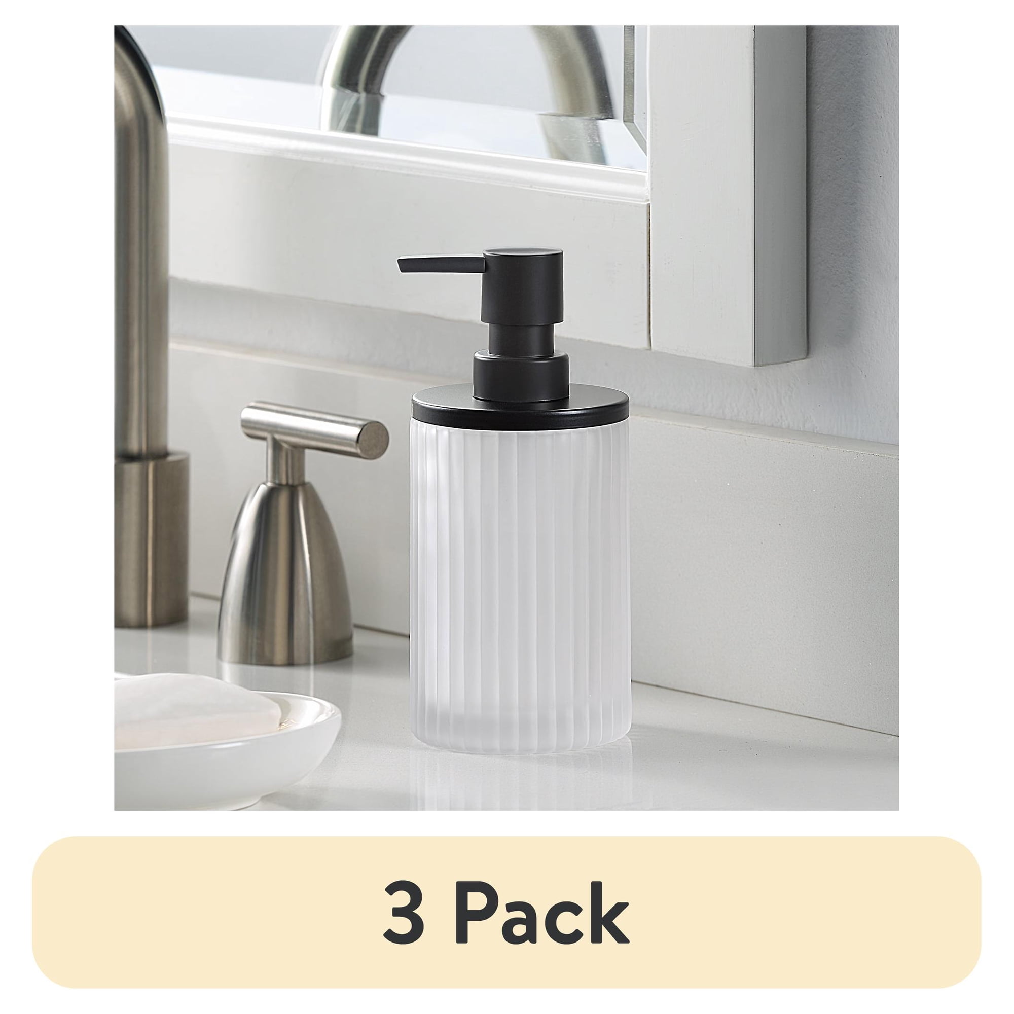(3 pack) Better Homes & Gardens Ribbed Glass and Metal Soap Pump, White with Black Accents