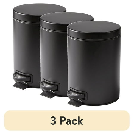 (3 pack) Better Homes & Gardens Matte Black 1.3 Gallon Metal Bathroom Trash Can with Removable Liner
