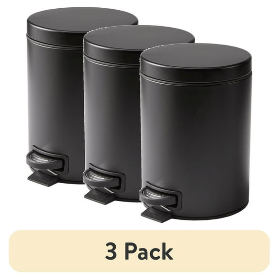 (3 pack) Better Homes & Gardens Matte Black 1.3 Gallon Metal Bathroom Waste Basket with Removable Liner