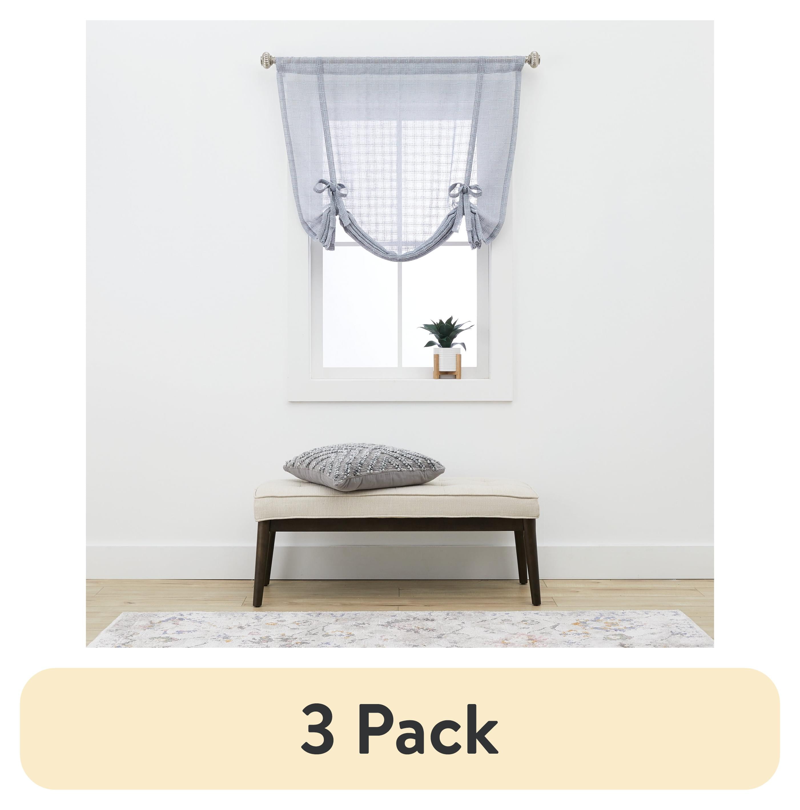 (3 pack) Better Homes & Gardens Sheer Windowpane Stitch Balloon Shade Curtain Panel, Soft Silver, 50" W x 63" L