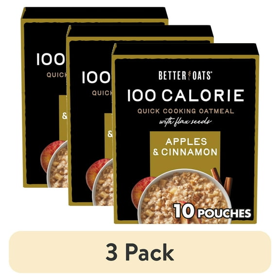 (3 pack) Better Oats 100 Calorie Apples and Cinnamon Oatmeal with Flax Seeds, 10 Instant Oatmeal Packets, 9.8 oz Pack