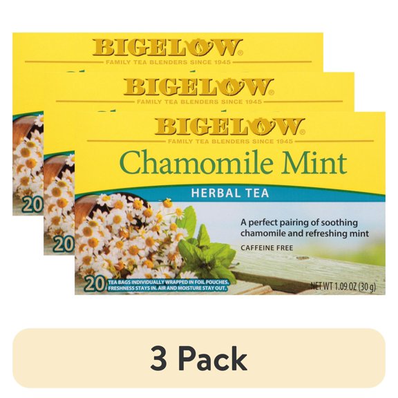 (3 pack) Bigelow Chamomile Mint, Caffeine Free, Herbal Tea Bags, 20 Count