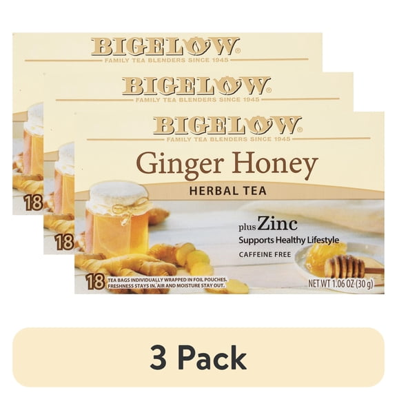 (3 pack) Bigelow Ginger Honey Plus Zinc, Caffeine Free, Herbal Tea Bags, 18 Count