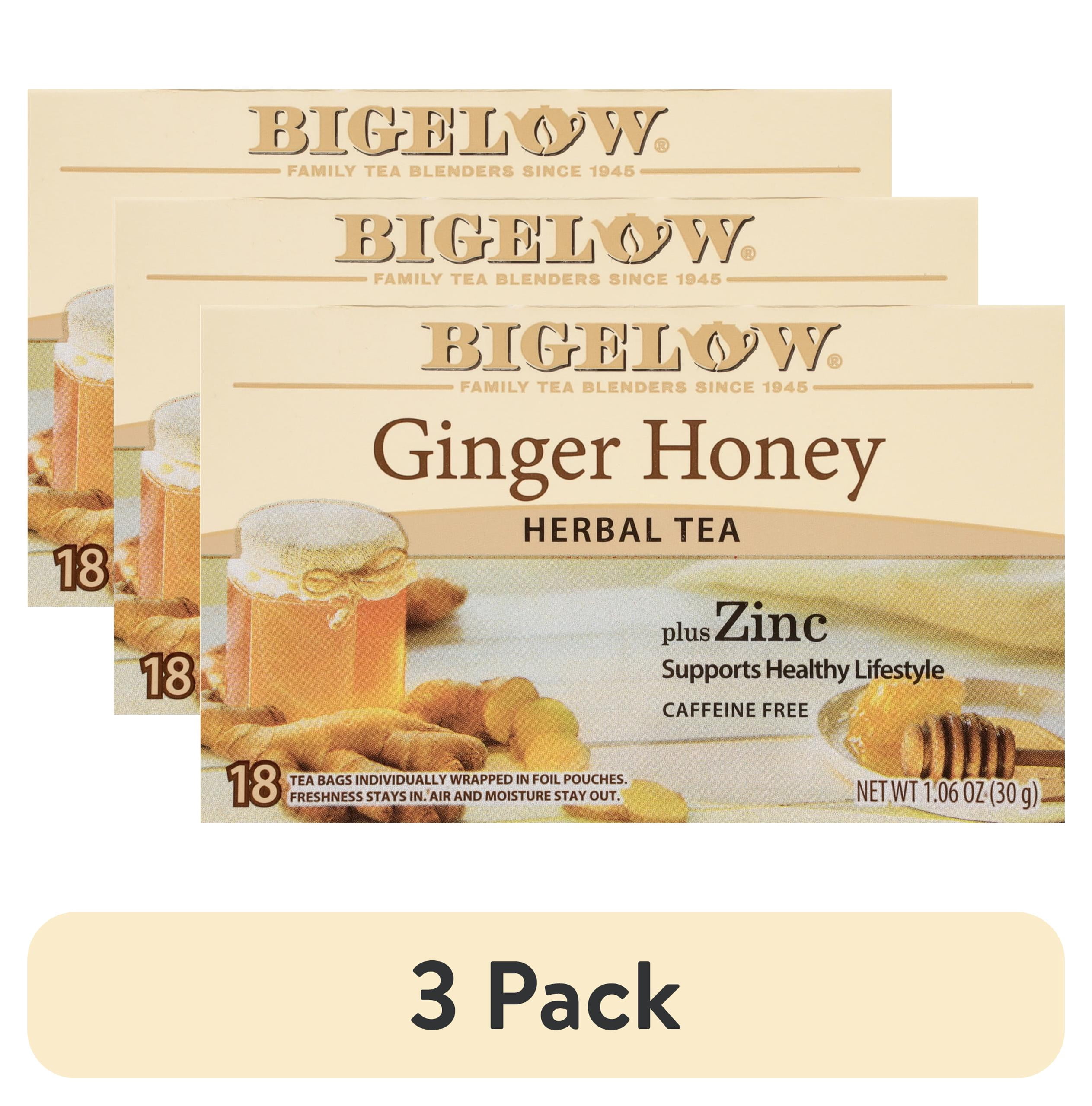 (3 pack) Bigelow Ginger Honey Plus Zinc, Caffeine Free, Herbal Tea Bags, 18 Count
