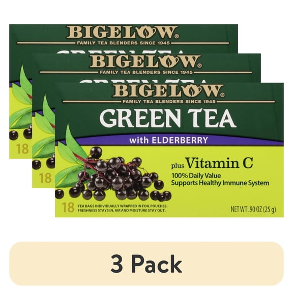 (3 pack) Bigelow Green Tea with Elderberry, Plus Vitamin C, Tea Bags, 18 Count