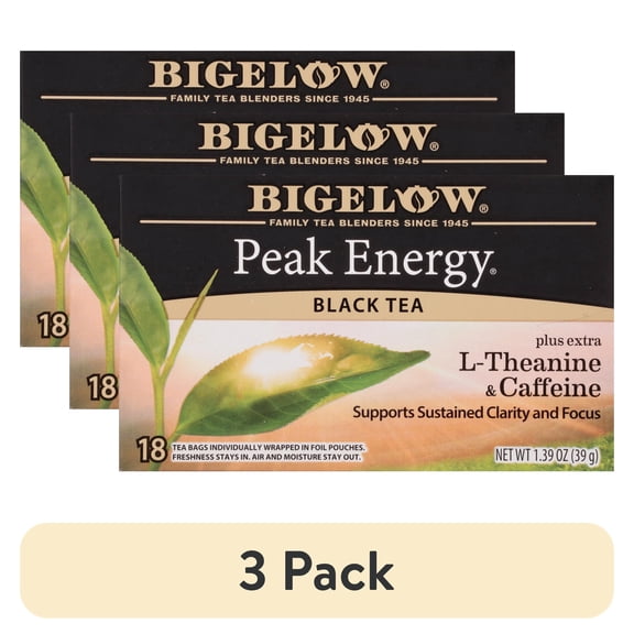 (3 pack) Bigelow Peak Energy Plus Extra L-Theanine & Caffeine, Black Tea Bags, 18 Count