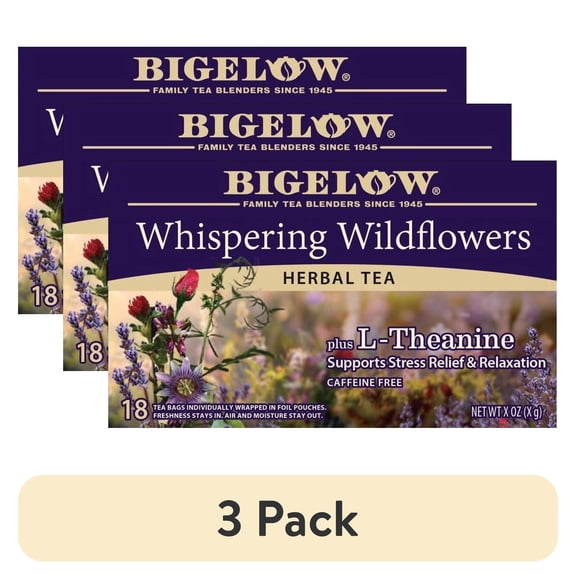 (3 pack) Bigelow Whispering Wildflowers Plus L-Theanine, Caffeine-Free Herbal Tea Bags, 18 Count