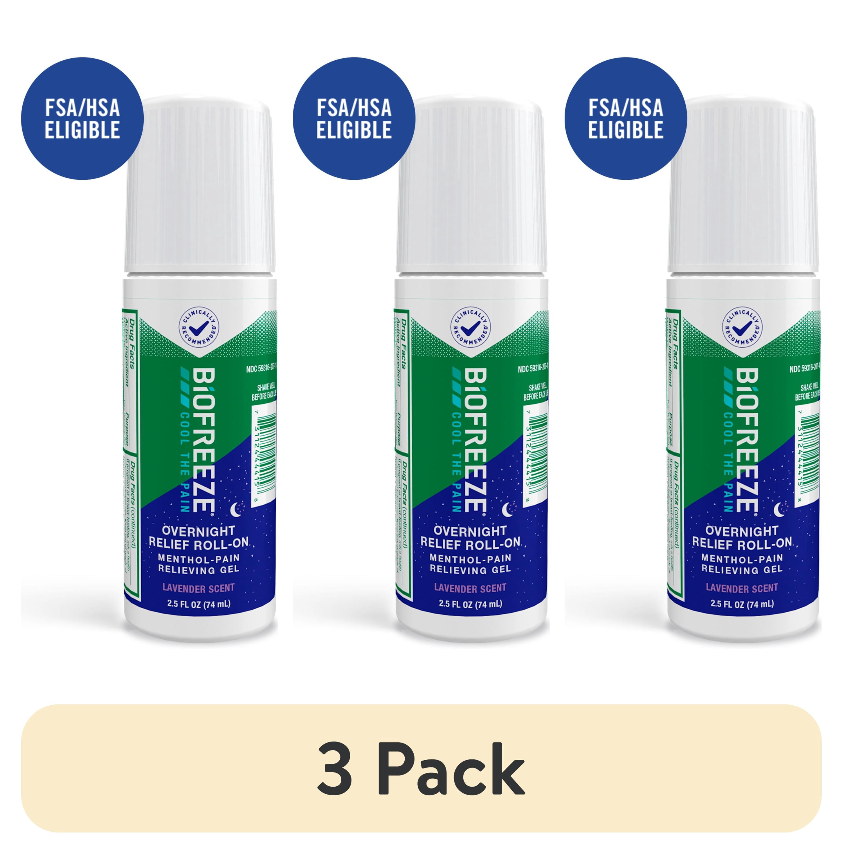 (3 pack) Biofreeze Overnight Pain Relief Roll-on, Back Knee Muscle Joint Arthritis Pain Relievers, 2.5 oz