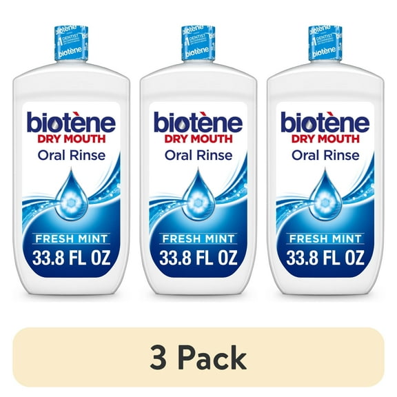 (3 pack) Biotene Oral Rinse Moisturizing Mouthwash for Dry Mouth Relief, Fresh Mint, 33.8oz