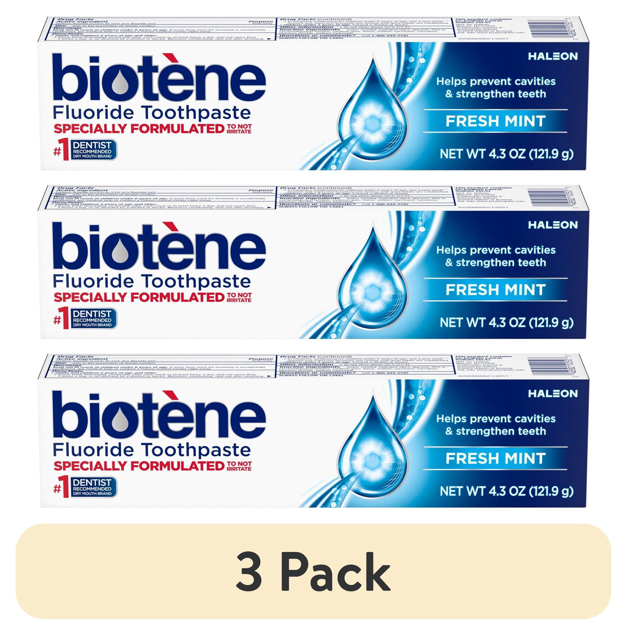 (3 pack) Biotene Original Sugar Free Fluoride Toothpaste for Dry Mouth, Fresh Mint, 4.3 Oz
