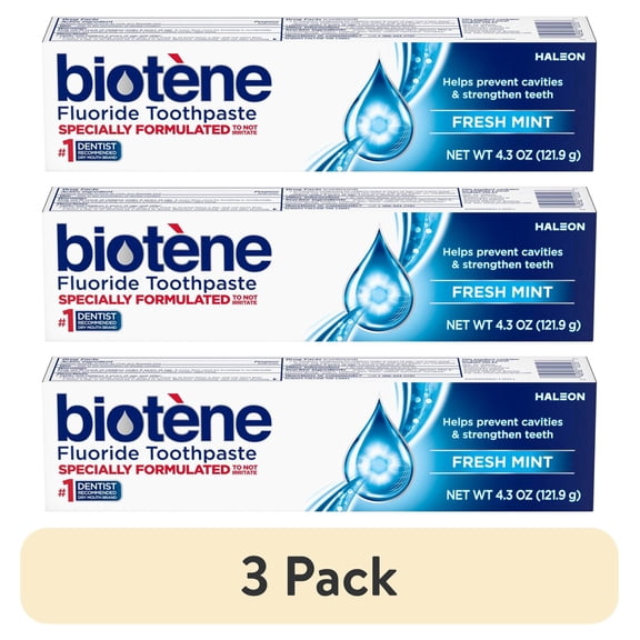 (3 pack) Biotene Original Sugar Free Fluoride Toothpaste for Dry Mouth, Fresh Mint, 4.3 Oz