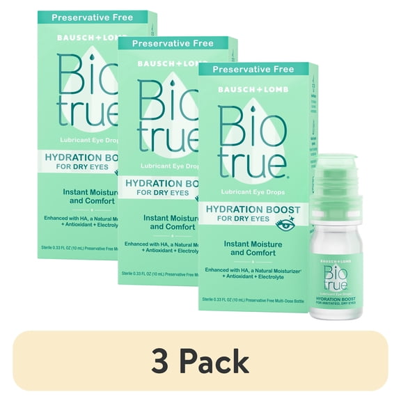 (3 pack) Biotrue Hydration Boost Preservative Free Eye Drops for Dry Eyes and Lubricant, 10 ml
