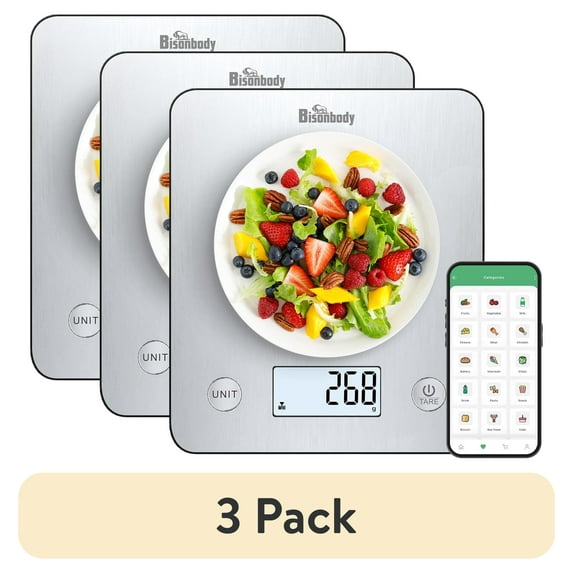 (3 pack) Bisonbody Digital Food Kitchen Scale with Smart App â Large Kitchen Scale with 201 Stainless Steel Surface 5 Unit Conversions â Digital Kitchen Scale App to Track Nutritional Information
