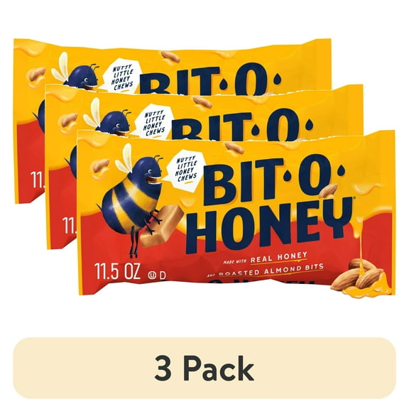 (3 pack) Bit-O-Honey Honey and Almond Chewy Taffy Candy 11.5 oz. Lay Down Bag