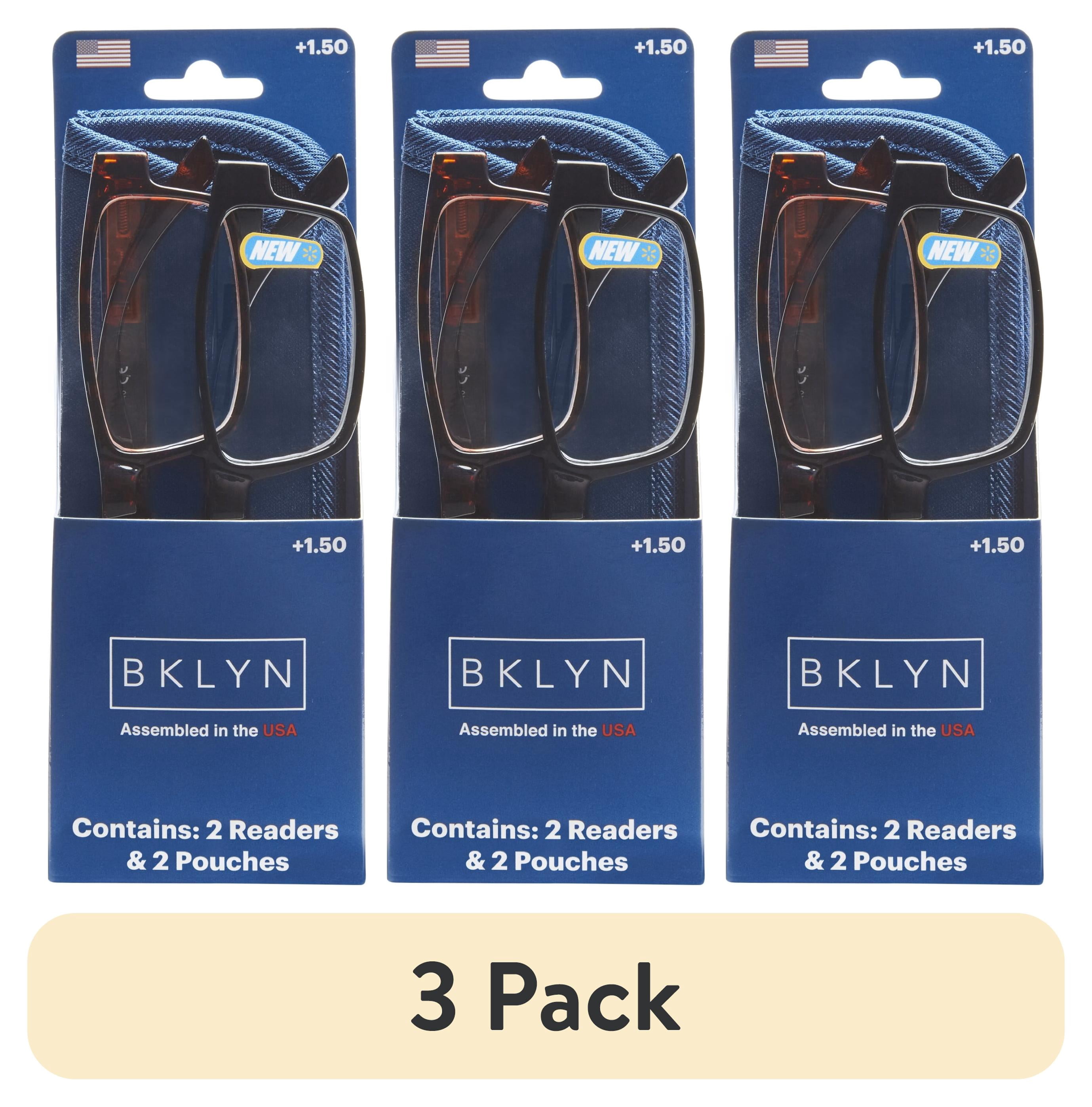 (3 pack) Bklyn, Sumner +1.50, Adult, Mens, Rectangle Plastic Reading Glasses & Pouches Value Pack , 2 Ea