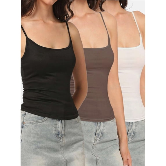 3-pack Black&Brown&White Women Sexy Square Neck Tank Top Summer Going Out Basic Cami Shirt