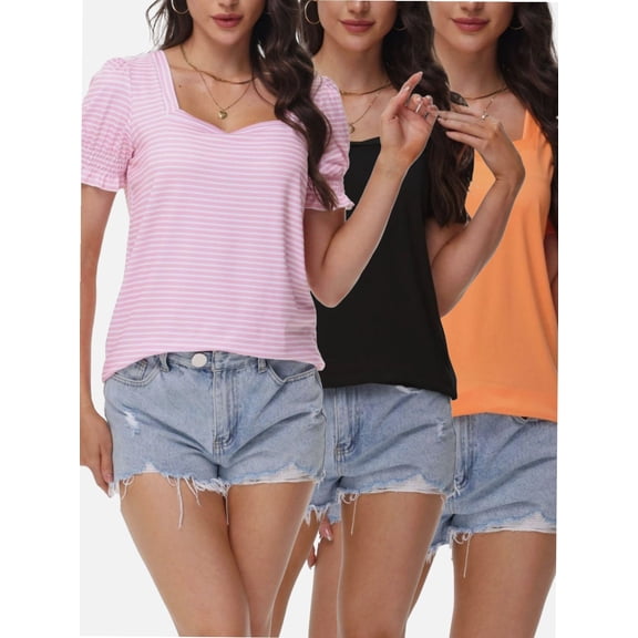 3-pack Black&Coral color&pinkstripe Tops for Women Summer Casual Ruffle Trim Sleeve Square Neck T Shirts