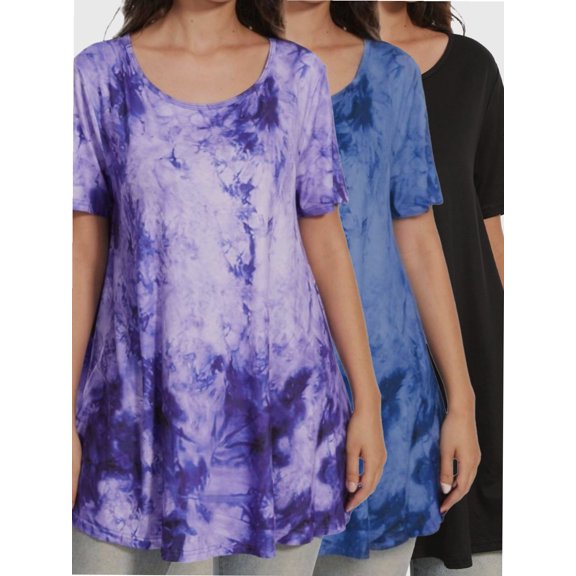 3-pack Black&Darkblue&Purple Plus Size Tops for Women Short Sleeve Shirts Casual Summer Clothes Round Neck Tunics for Leggings