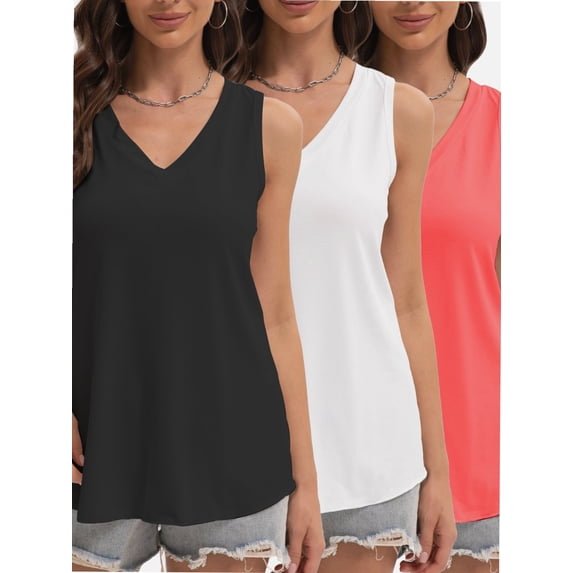 3-pack Black&Deep pink&White Womens Tank Tops V Neck Summer Trendy Casual Loose Fit Flowy Sleeveless Shirts