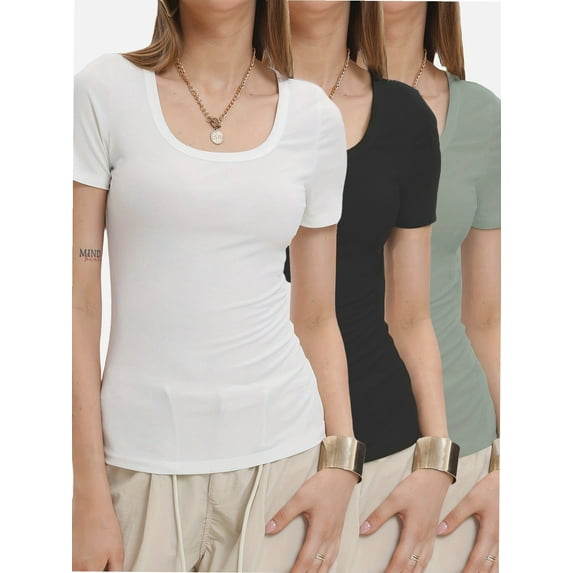 3-pack Black&Sage green&White Women's Summer Scoop Neck Short Sleeve T-Shirts Ribbed Knit Slim Fitted Casual Basic Top