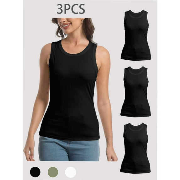 3-pack Black Women Tank Tops Summer Sleeveless Basic Cami Top Shirt Slim Racerback Blouses